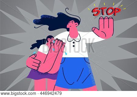 Protective Mother Hug Comfort Unhappy Crying Girl Child Show No Hand Gesture To School Bullying. Ser