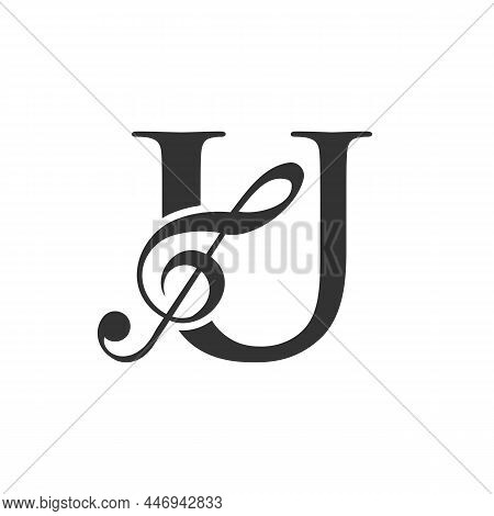Music Logo On Letter U Concept. U Music Note Sign, Sound Music Melody Template