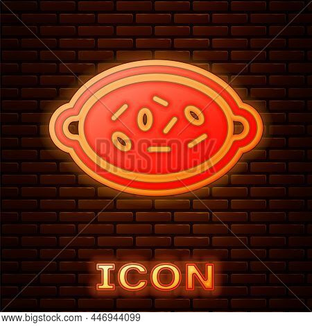 Glowing Neon Kheer In A Bowl Icon Isolated On Brick Wall Background. Traditional Indian Food. Vector