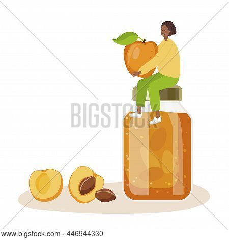Canned Apricot. Compote Or Jam Or Marmalade In Glass Jars. Tiny Woman Sitting On Jam Jar. Canned Fru