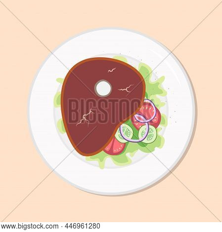 Red Meat Steak With Salad Healthy Diet Meal On Plate. Vector Illustration. Simple Flat Stock Nutriti
