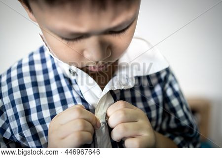 Little Child Is Trying To Wear Shirt,student Button Or Unbutton His Shirt At Home,kid Boy Kindergart