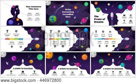 Startup Vector Infographic. Rocket Launch Into Space. Human Head. Universe Background. Presentation 