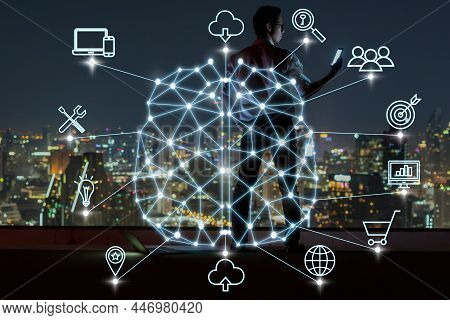 Polygonal Brain Shape Of An Artificial Intelligence With Various Icon Of Smart City Internet Of Thin