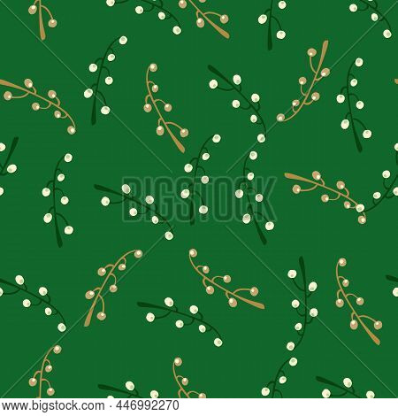 Seamless Random Pattern With Doodle Branches And Berries. Green Bright Background.