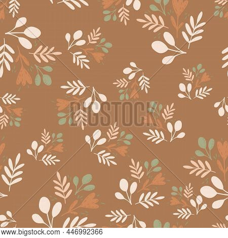 Autumn Seamless Folk Pattern With White And Green Colored Leaves And Flowers. Beige Background.