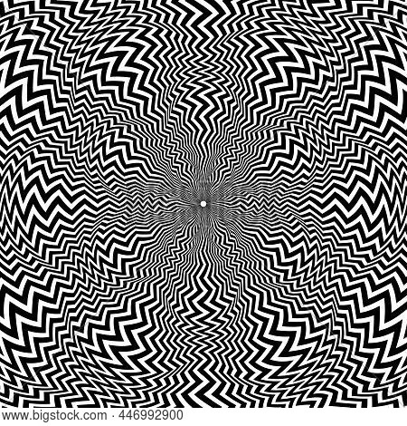 Optical Art Circular Pattern Of Zigzag Black Lines In The Form Of Radiation. Round Psychedelic Backg