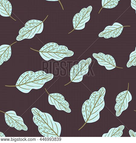 Seamless Random Pattern With Light Blue Oak Leaf Ornament. Purple Dark Background.