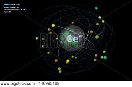3d Illustration Of Atom Of Germanium With Core And 32 Electrons With A Black Background