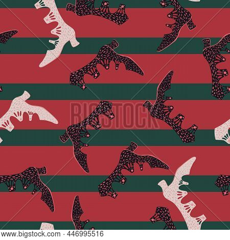 Random Seamless Pattern With Fashionable Women Shoes Print. Red And Green Striped Background.