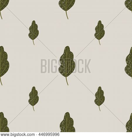 Forest Tree Oak Seamless Pattern With Hand Drawn Green Leaves Elements. Light Pink Background. Stock