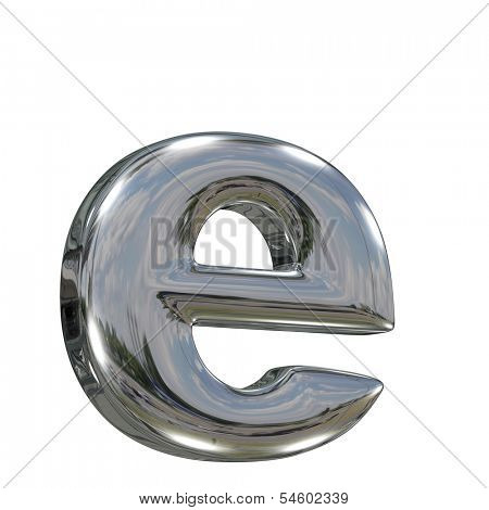 Metal polished glossy lovercase letter e from chrome solid alphabet isolated on white