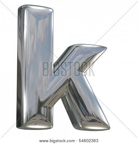 Metal polished glossy lovercase letter k from chrome solid alphabet isolated on white