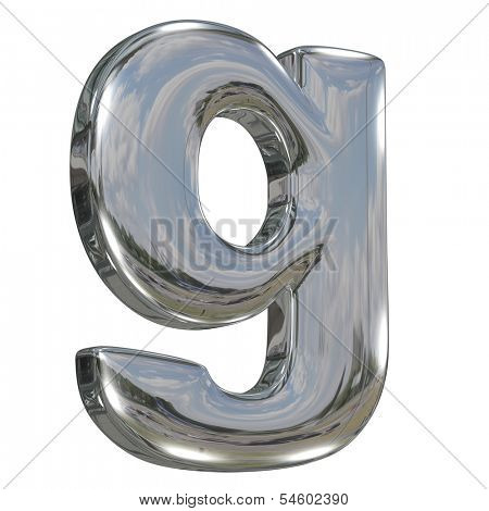 Metal polished glossy lovercase letter g from chrome solid alphabet isolated on white