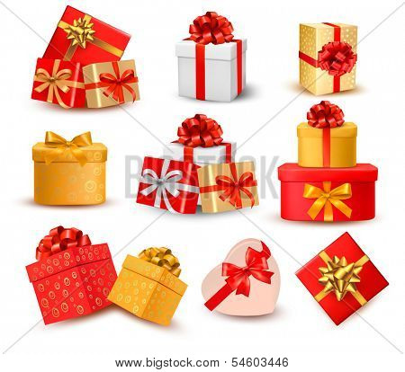 Set of colorful gift boxes with bows and ribbons. Vector