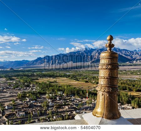 Dhvaja (victory banner), on the roof of Thiksey gompa (Tibetan BUddhistm monastery). Ladakh, India