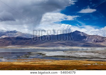 Tso Kar - fluctuating salt lake in Himalayas. Rapshu,  Ladakh, Jammu and Kashmir, India
