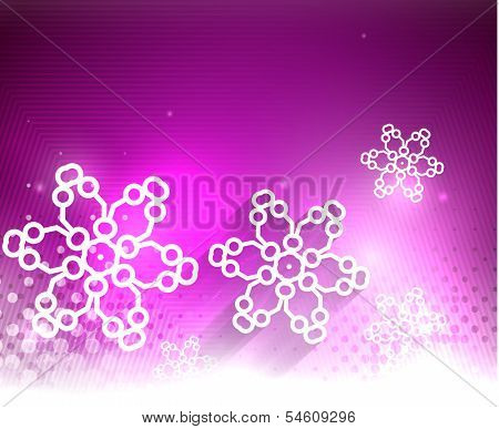 Purple Christmas lights and snowflakes. Elegant abstract background with bokeh lights and stars