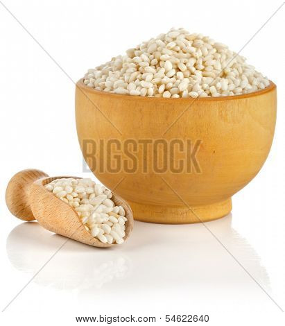 rice arborio in wooden bowl and scoop  isolated on white background
