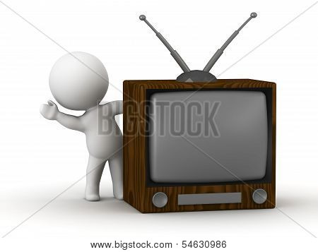 3D Man waving from behind Retro TV