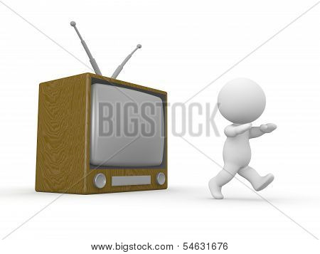 3D Man running away from TV