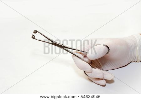 Hand Holding Razzhy For Clamp For Piercing With The Fixer