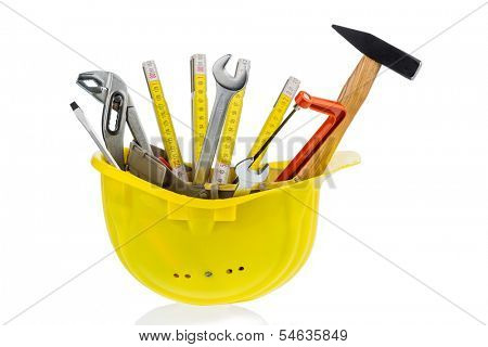 hand tool in a protective helmet, icon photo for crafts, construction, home improvement