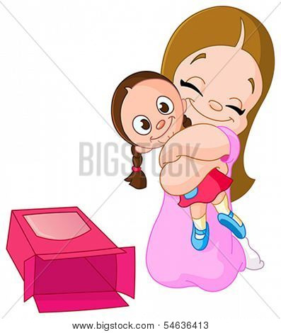 Young girl hugging a rag doll she got for Christmas