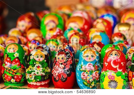 Colorful Russian Nesting Dolls At The Market