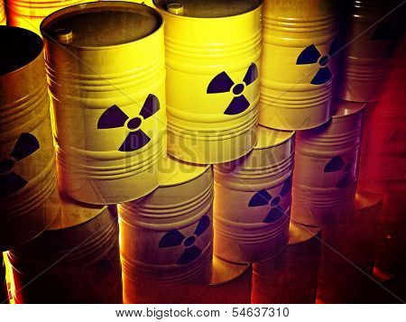 background of 3d yellow barel and radioactive sign