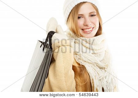 Smiling Woman In Warm Clothing With Bag