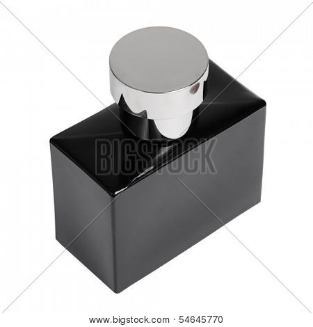 Black perfume bottle isolated on white background