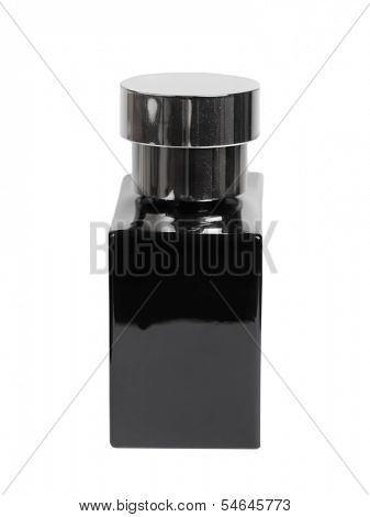 Black perfume bottle isolated on white background