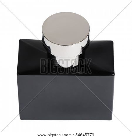 Black perfume bottle isolated on white background