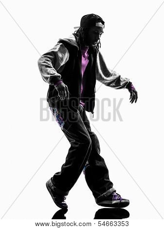 one hip hop acrobatic break dancer breakdancing young man moonwalking silhouette white background
