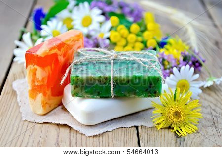Soap Homemade With Wildflowers On The Board