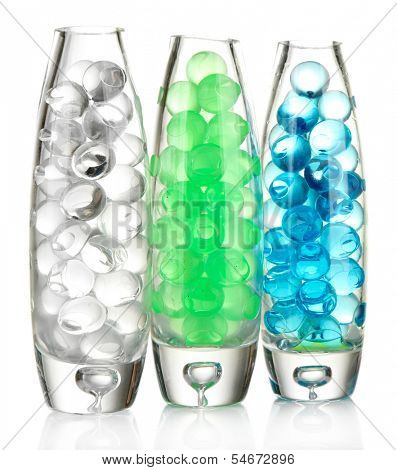 Transparent vases with hydrogel isolated on white
