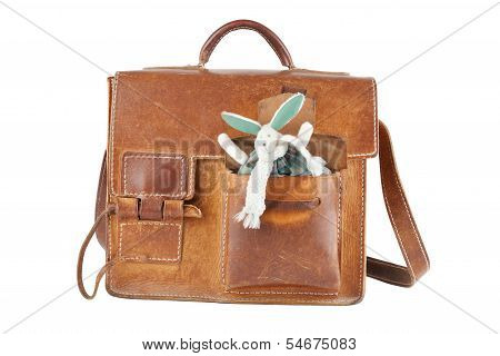 Brown Shoulder Bag With Cute Toy Rabbit In Pocket, Isolated