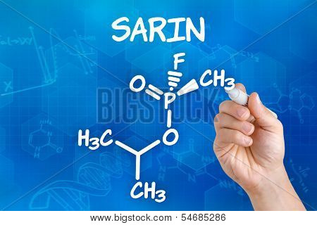 Hand with pen drawing the chemical formula of sarin