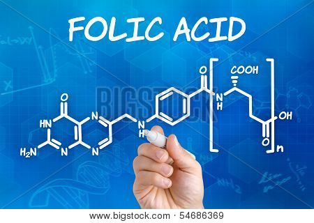 Hand with pen drawing the chemical formula of folic acid
