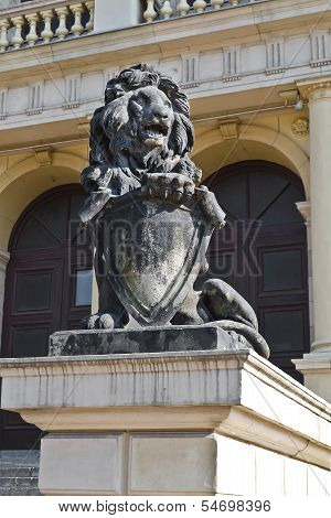 KALININGRAD, RUSSIA - March 8, 2012: Sculpture of lion on the porch of Koenigsberg Stock exchange