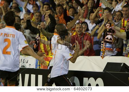 VALENCIA - MAY, 1: various Valencia players celebrate a goal during UEFA Europe League semifinals match between Valencia CF and Sevilla FC at the Mestalla Stadium on May 1, 2014 in Valencia, Spain