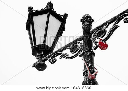 Two Love Heart Locks On A Frozen Lamp Post