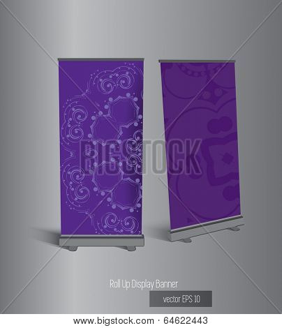 Roll-up display with stand banner template design, vector illustration. 