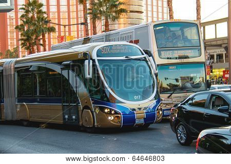 A Regular And Tourist Buses In Las Vegas, Nevada.