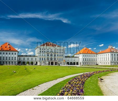MUNICH, GERMANY - MAY 8, 2012: Goose in garden in front of the Nymphenburg Palace. Munich, Bavaria, Germany