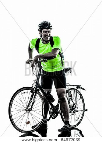 one  man exercising bicycle mountain bike standing on white background