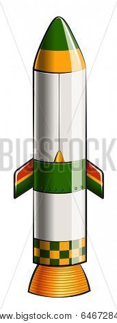 Illustration of a green and yellow colored rocket on a white background