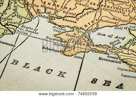 Crimea and Black Sea coast on a vintage 1920s map, selective focus (printed in 1926 - copyrights expired)