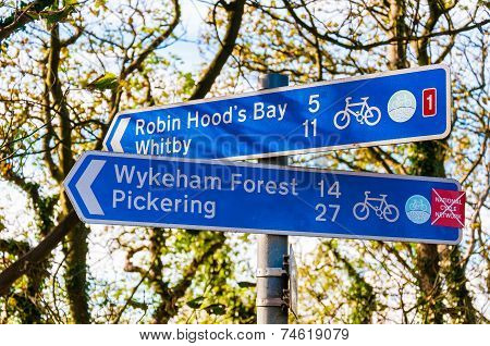 Closeup on tourist Sign posts in village of Ravenscar UK.